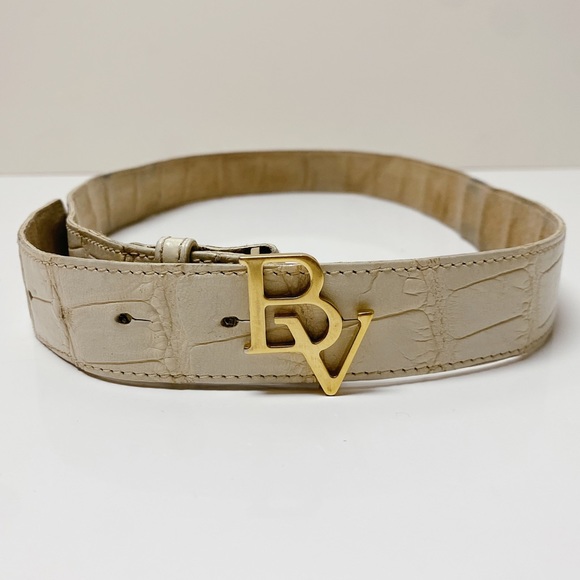RARE Vintage Bottega Veneta Gold BV Logo Monogram Cream Matte Crocodile Belt S main image 6
